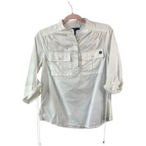 Obey white button up tie cinch 1/2 sleeve blouse 100% cotton woman's US6 small